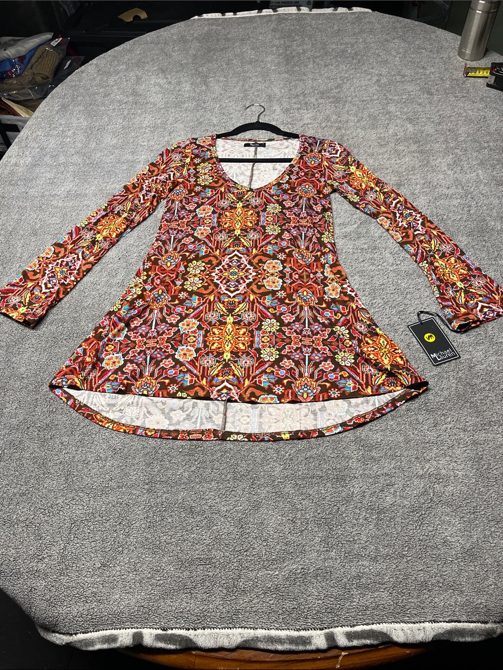 Michael Lauren Multicolor Floral-Print V-Neck Tunic — Brown, Orange & Yellow